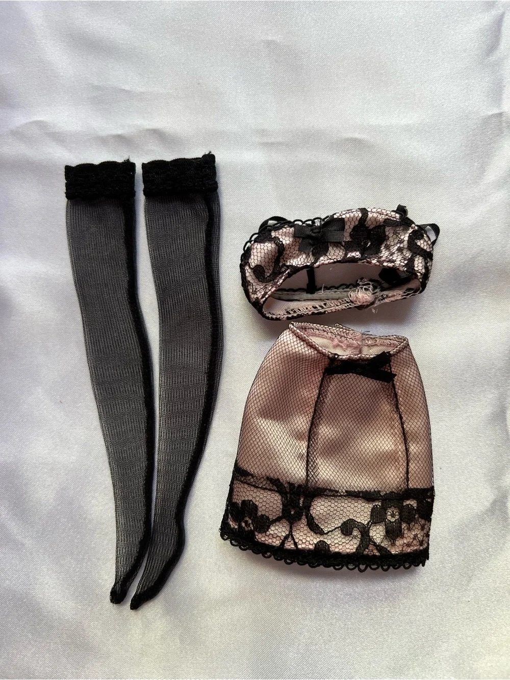 Barbie Pink Satin and Black Lace Mini Skirt Set with Black Stockings
